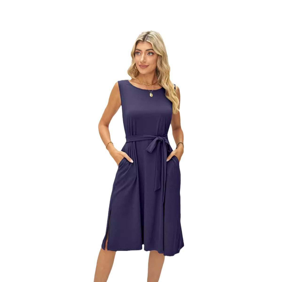 Sleeveless Belted Pocket Slit Midi Tank Dresses Wholesale Womens Clothing N3824070900029