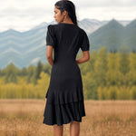 Black Irregular Ruffle Hem Slim Fit Dresses Wholesale Womens Clothing N3824022600067