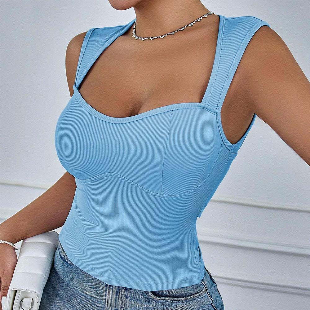 Geometric Neck Ribbed Slim Fit Open Back Tops Wholesale Womens Clothing N3824052000055