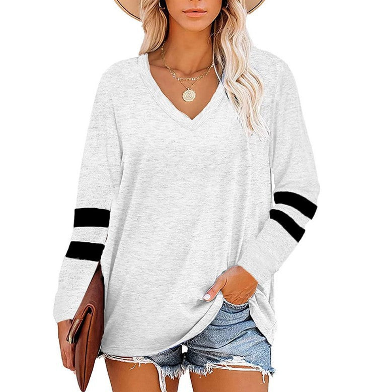 Solid Color V-Neck Striped Long-Sleeved Loose T-Shirts Wholesale Womens Clothing N3824082900033