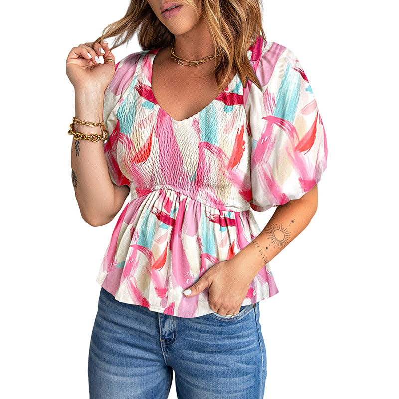 Balloon Sleeve Floral Print Pullover Short Sleeve Top Wholesale Women'S Top