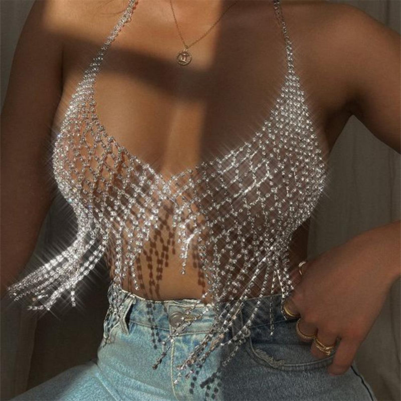 Nightclub Style Diamond Encrusted Flash Diamond Tassel Chest Chain Bikini Body Chain Wholesale Accessories