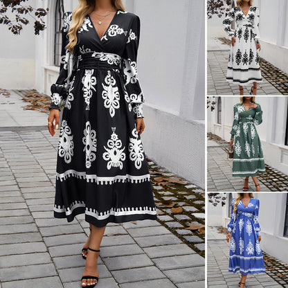 Contrast Print V-Neck Long Sleeve Dresses Wholesale Womens Clothing N3824073100071