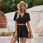 Casual V-Neck Tops Lace-Up Solid Color Shorts Wholesale Womens 2 Piece Sets N3824041600057