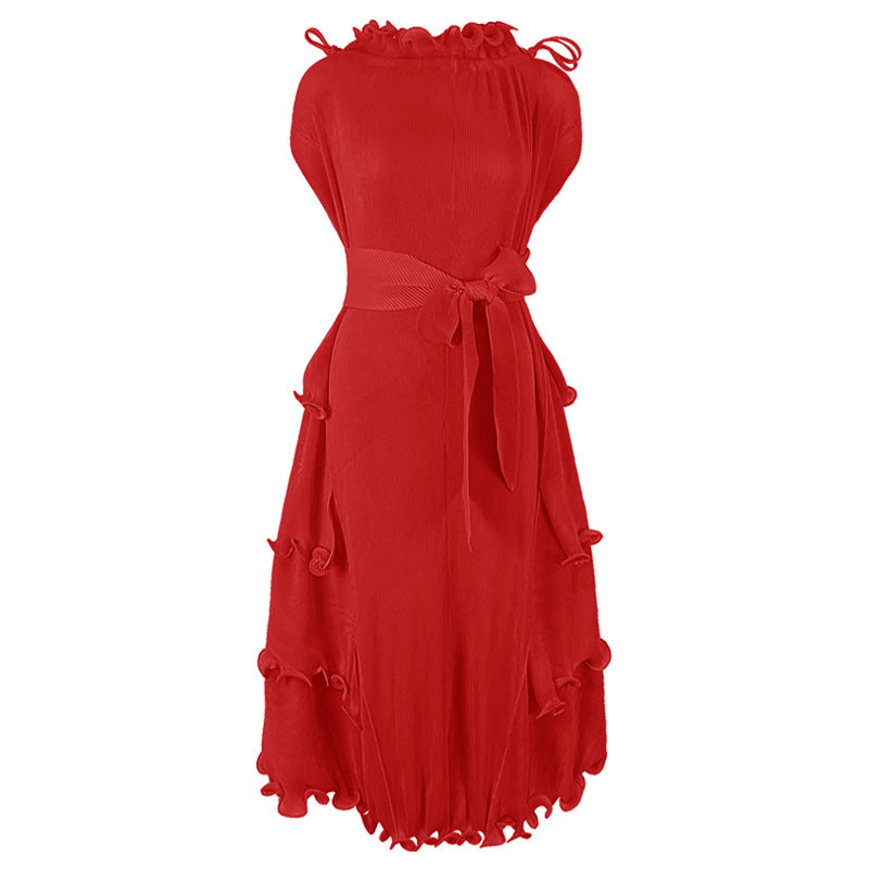 Design Sense Short Sleeve Ruffle Neck Pleated Hem Dress Wholesale Dresses