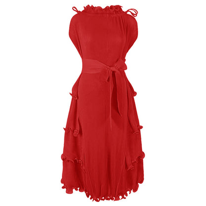 Design Sense Short Sleeve Ruffle Neck Pleated Hem Dress Wholesale Dresses