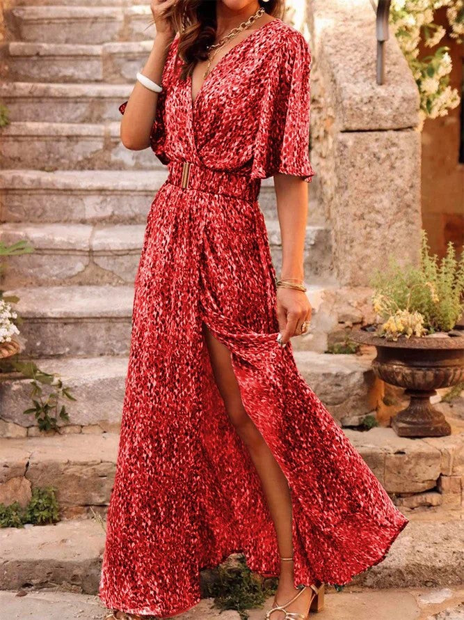 Casual V-Neck Short-Sleeved Floral Print Skinny Waist Dresses Wholesale Dresses