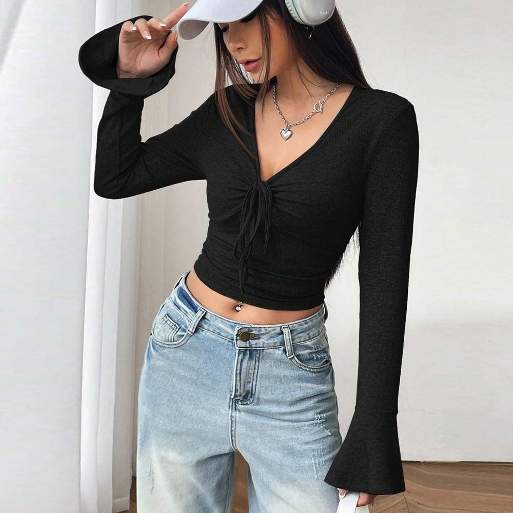 V Neck Flare Sleeve Tee Solid Color Long Sleeve Crop Tops Wholesale Womens Clothing N3824070500023