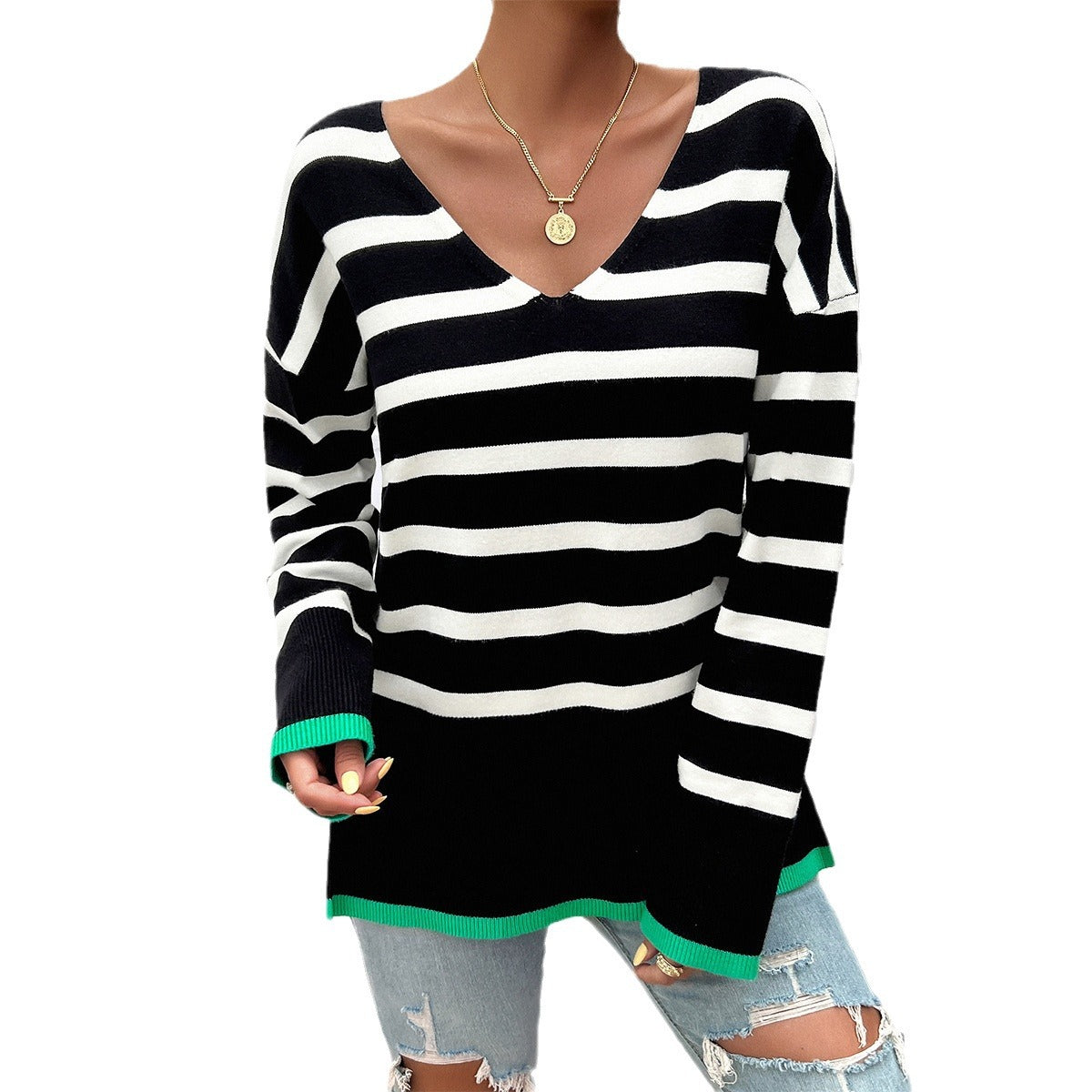 Loose Contrast Color V-Neck Long Sleeve Sweater Wholesale Womens Clothing N3824070500009