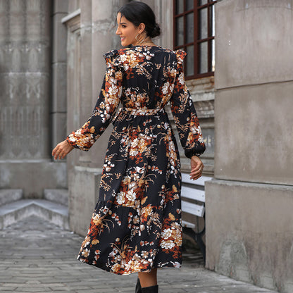 V-Neck Floral Print Long Sleeve Mid-Length Dresses Wholesale Womens Clothing N3824091200041