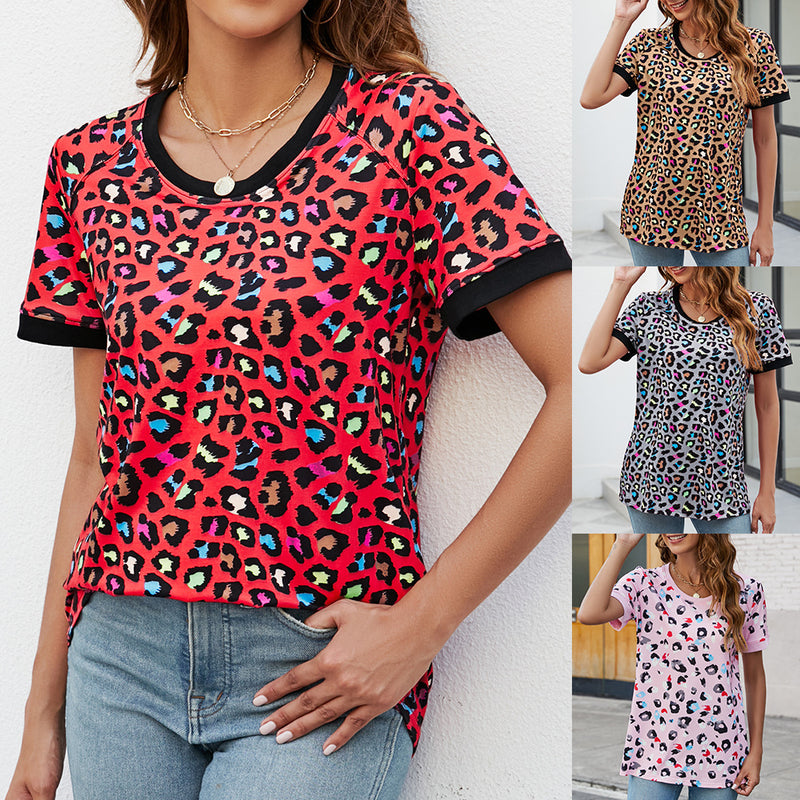 Women's Leopard Print Round Neck Short Sleeve T-Shirt Wholesale Womens Clothing N3824010500011
