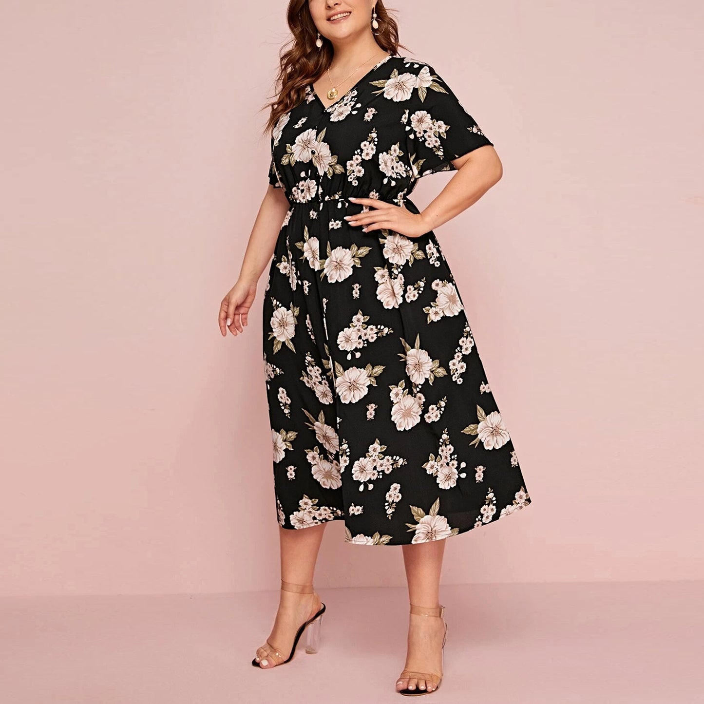 Plus Size Women's Floral Printed V-Neck Waist Dress Wholesale Plus Size Womens Clothing N3824052500007