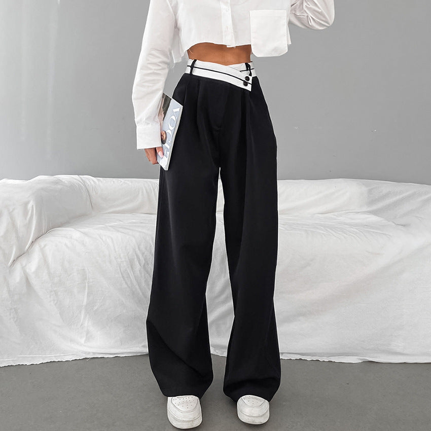 Casual Wide Leg Splicing Black Suit Pants Wholesale Womens Clothing