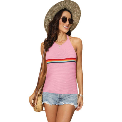 Fashion Rainbow Color Blocking Backless Knitted Hanging Neck Top Wholesale Womens Tops