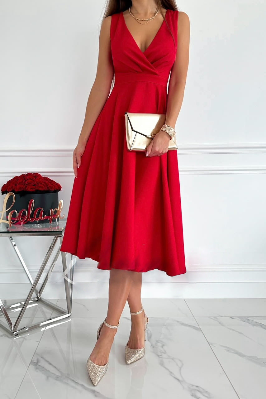 Fashion Solid Color Sleeveless V-Neck Shrink Pleated Hem Dress Wholesale Dresses