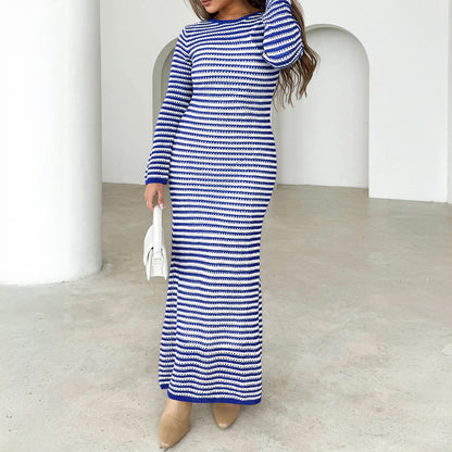 Casual Contrast Stripe Long Sleeve Sweater Dresses Wholesale Womens Clothing N3824101000020