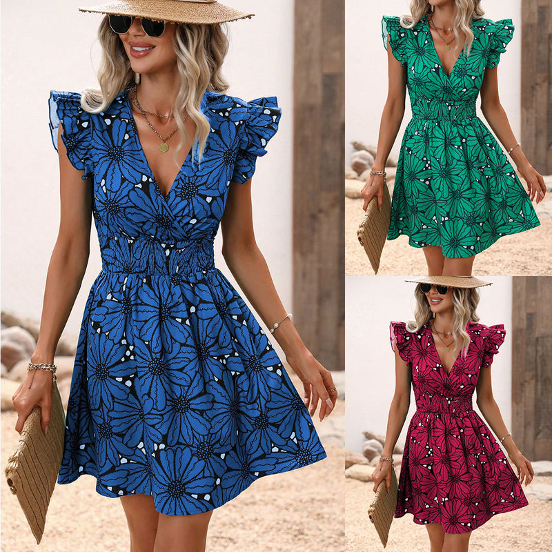 Summer V-Neck Waist Sexy Flower Ruffle Sleeveless Dresses Wholesale Womens Clothing N3824052000038