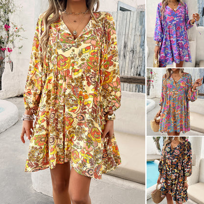 Casual Resort Floral Print V-Neck Long Sleeve Dresses Wholesale Womens Clothing N3824040100124