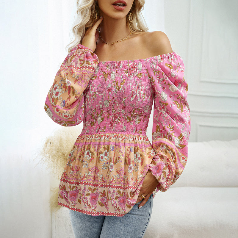 Square Neck Bubble Sleeve Floral Printed Top Wholesale Womens Tops