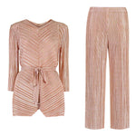 Fashion Long Sleeve Colour Block Stripe Belted Top And Pants Set Wholesale Women'S 2 Piece Sets
