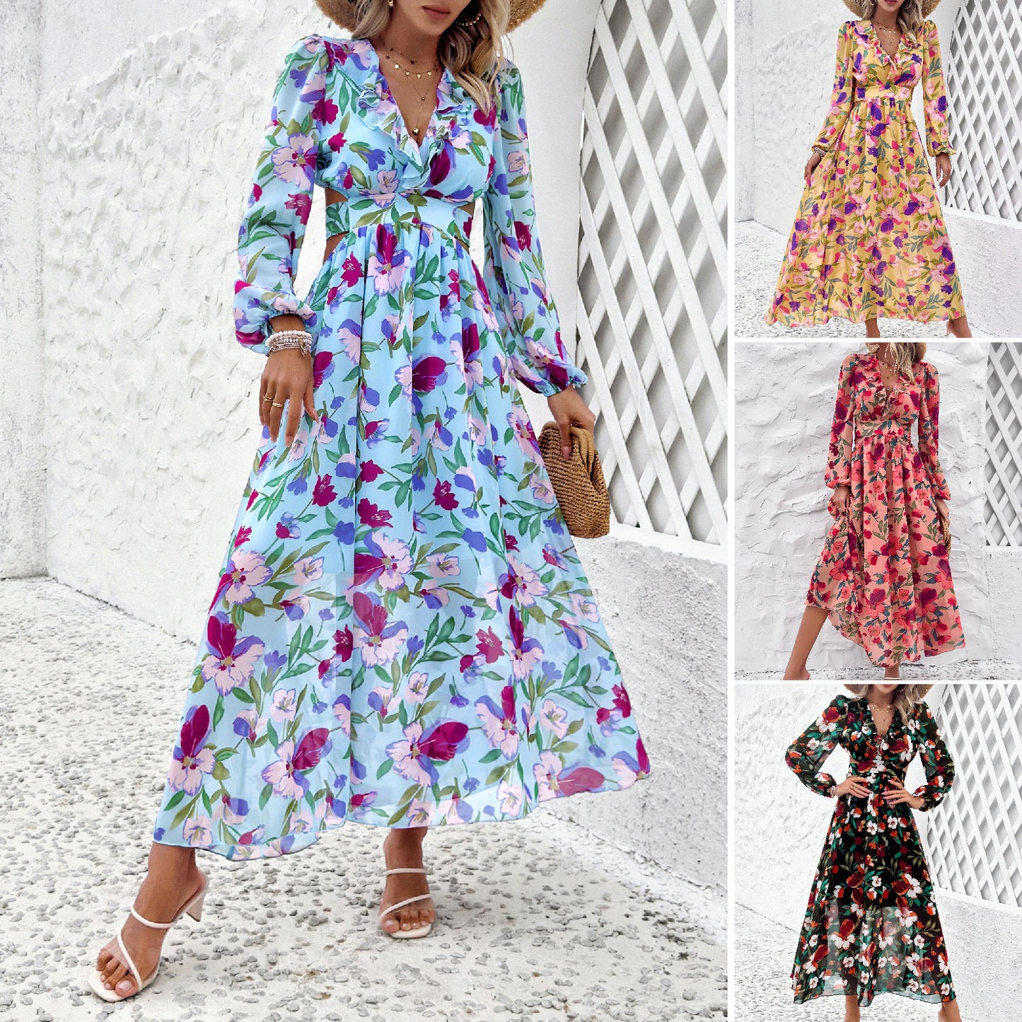 Resort Casual Printed V-Neck Dresses Wholesale Womens Clothing N3824040100107