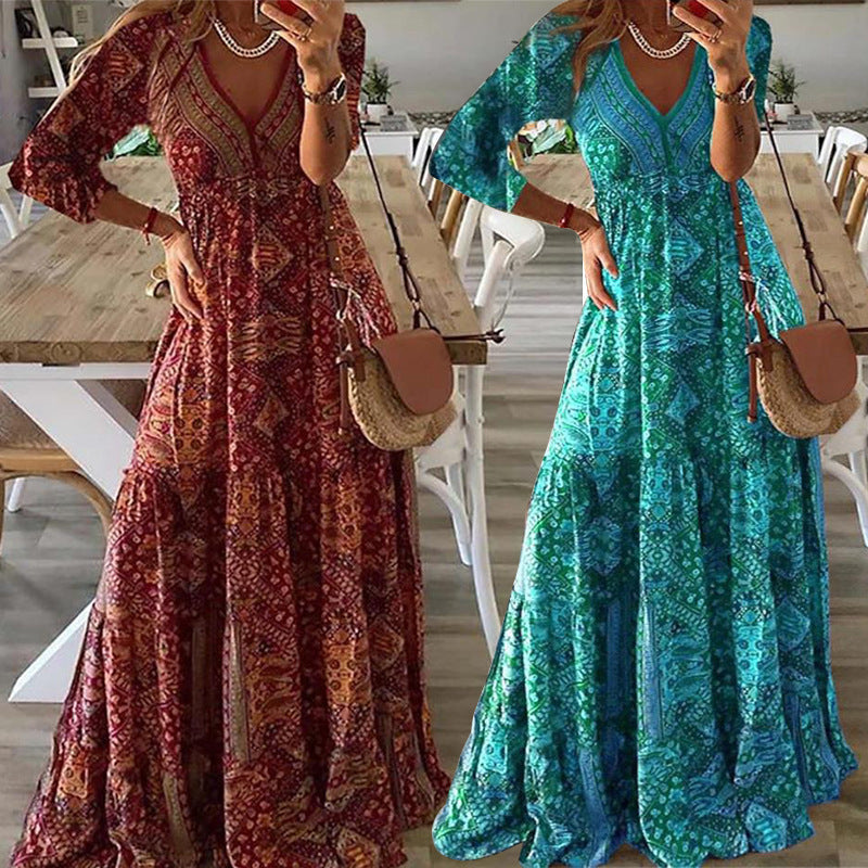 Fashion Printed Mid Sleeve V-Neck Long Dresses Wholesale Dresses