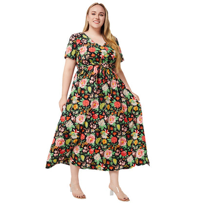 Plus Size V Neck Short Sleeve Printed Swing Bohemian Dress Wholesale Womens Clothing N3824080300028