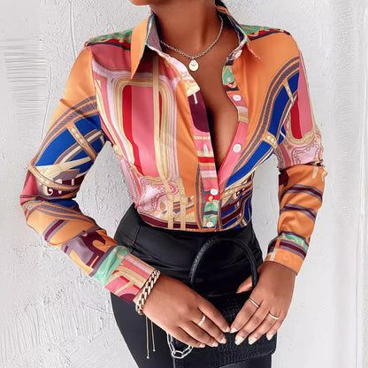 Long Sleeve Women's Blouses Button Digital Printed Shirts Wholesale Womens Clothing N3824091200195