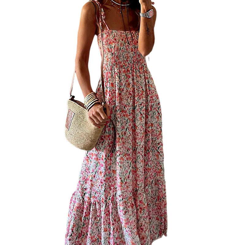 Sexy Floral Print Square Neck Boho Sling Dress Wholesale Dresses