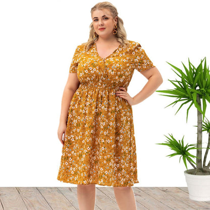 Plus Size Short Sleeve Floral Printed Midi Dresses Wholesale Womens Clothing N3824080300045