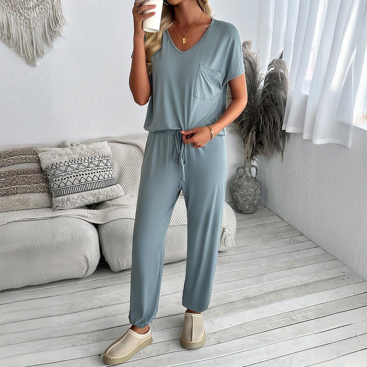 Casual V-Neck Tops Drawstring Trouser Two-Piece Set Wholesale Womens Clothing N3824101000008