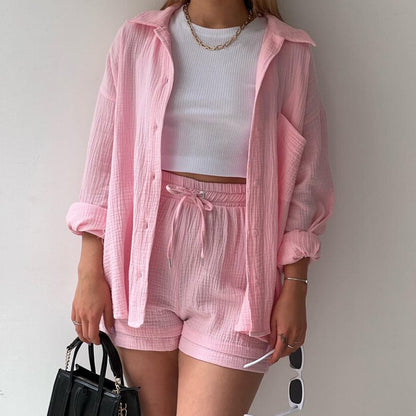 Women's Two-Piece Sets Lapel Shirt High-Waisted Drawstring Shorts Wholesale Womens Clothing N3823100900069