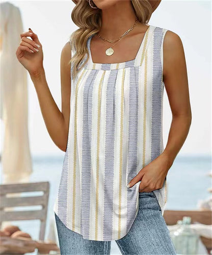 Pleated Square Neck Sleeveless Tank T-Shirt Wholesale Womens Clothing N3823070300208