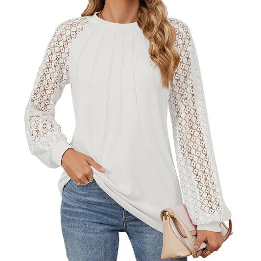 Lace Patchwork Round Neck Tops Long Sleeve Loose T-Shirts Wholesale Womens Clothing N3824072900062