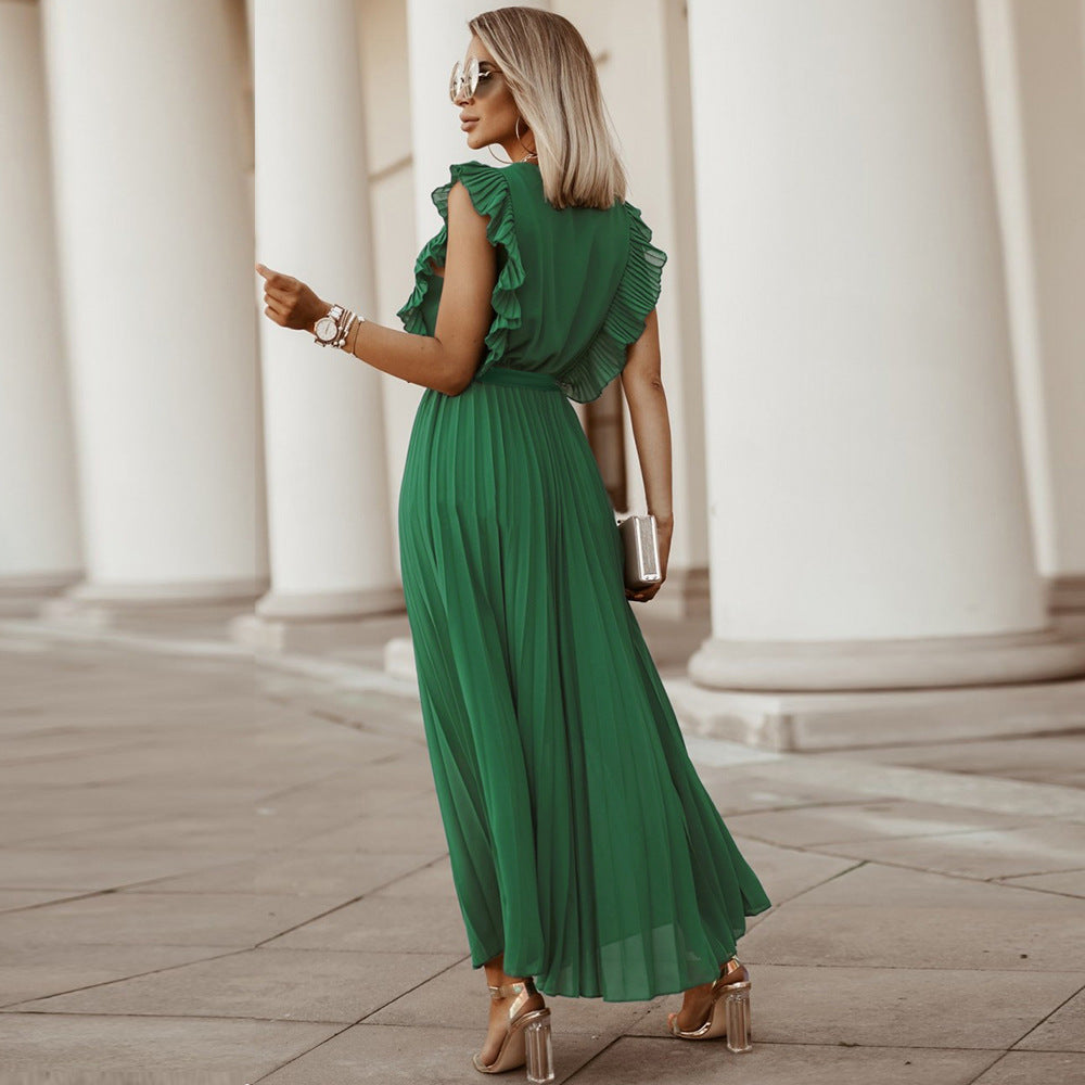 Beach Maxi Dress Fashion Slim Sexy Lotus Sleeve Chiffon Pleated Solid Color Dress Wholesale Womens Clothing N3824110900054