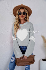 Loose Round Neck Heart Print Long Sleeve Knit Sweater Wholesale Womens Tops