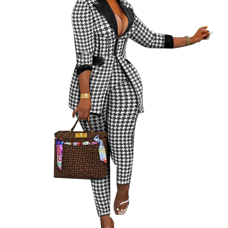 Houndstooth Lapel Blazer Trousers Two-Piece Set Wholesale Womens Clothing N3823103000086