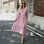 Elegant Solid Color V-Neck Bubble Sleeve Long Dress Wholesale Dresses