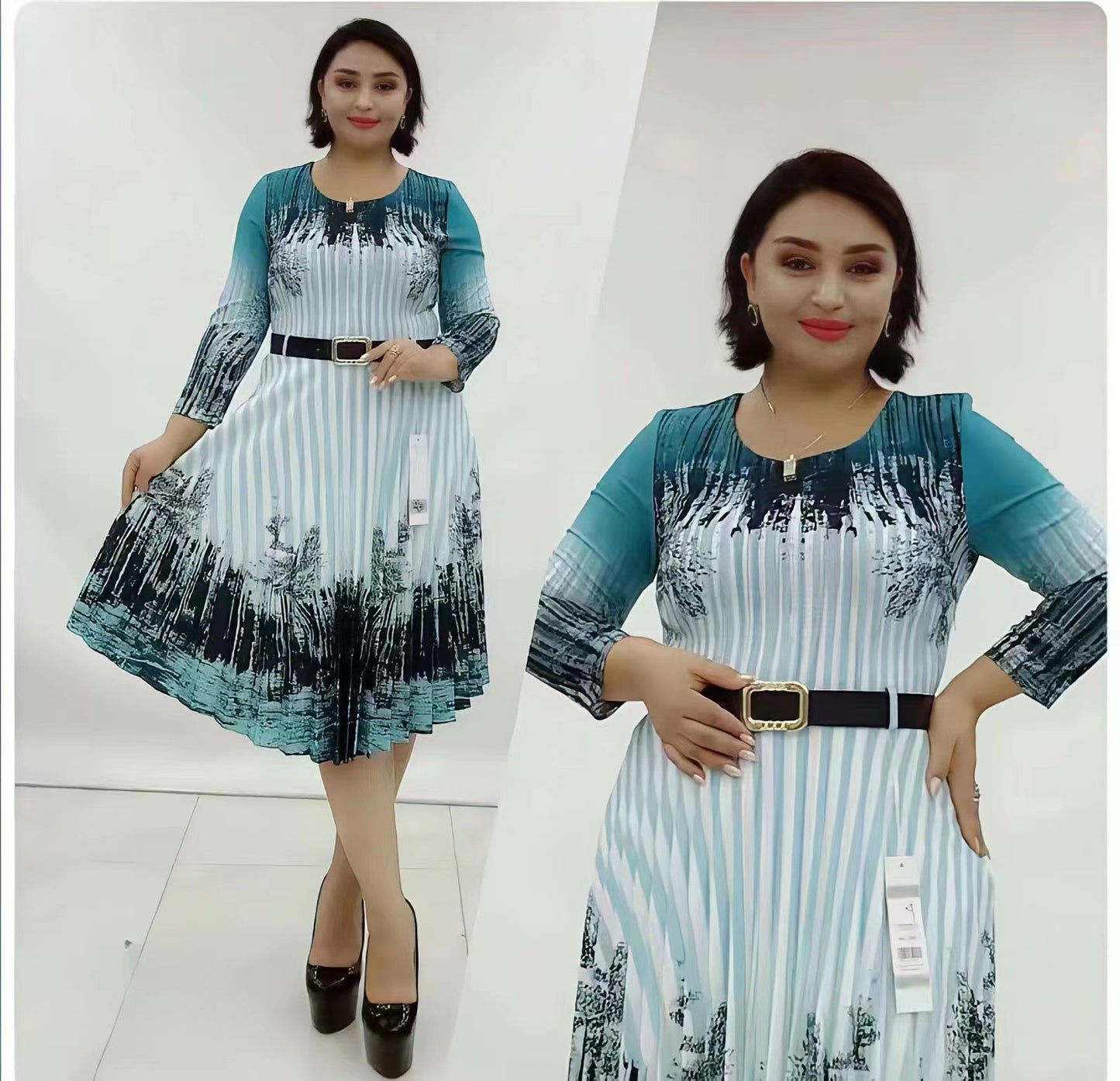 Long Sleeve Pleated Dress Graphic Striped Print Wholesale Plus Size Casual Dresses N3823102000148