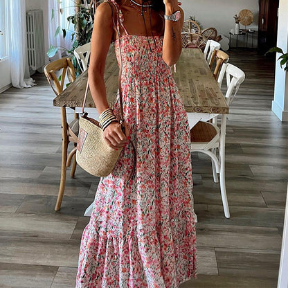 Sexy Floral Print Square Neck Boho Sling Dress Wholesale Dresses