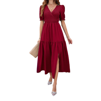 Solid Color Shirred V Neck Short Sleeve Maxi Dresses Wholesale Womens Clothing N3824040100118