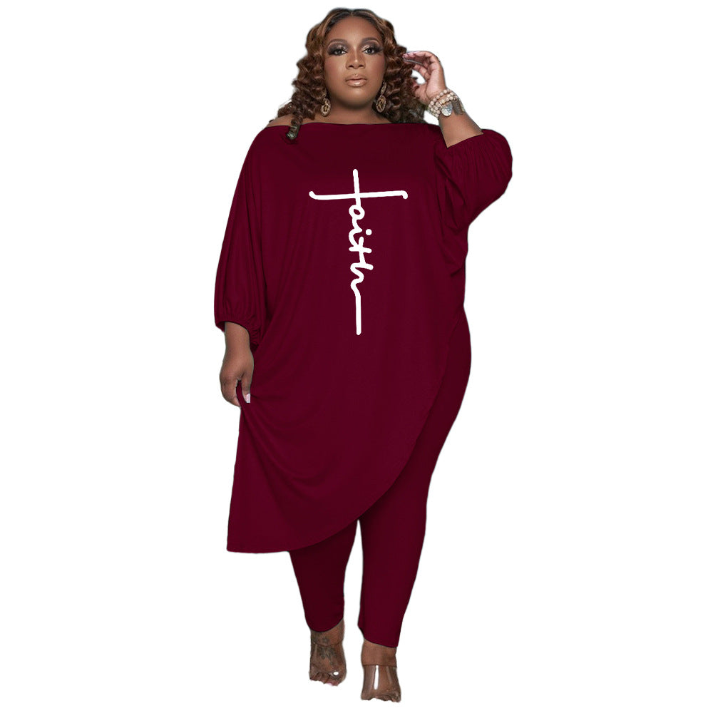 Wholesale Plus Size Clothing Fashion Printed Raglan Shoulder Long Sleeve Loose T-Shirt And Pants Set