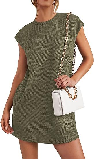 Jacquard Crew Neck Pocket Short Sleeve Loose Dresses Wholesale Womens Clothing N3824052000074