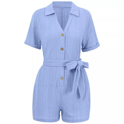 Short Sleeve Lapel Lapel Jacquard Solid Color Cropped Jumpsuit Wholesale Womens Clothing N3824041600031