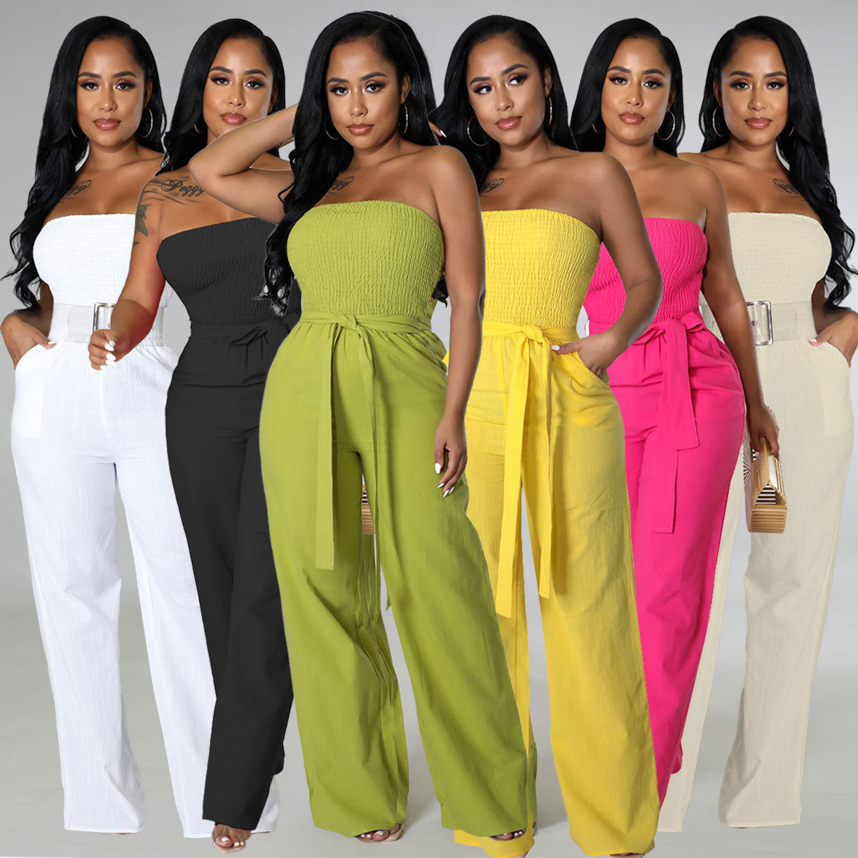 Off-Shoulder Smocked Solid Color High Waist Jumpsuit Wholesale Womens Clothing N3824071000022