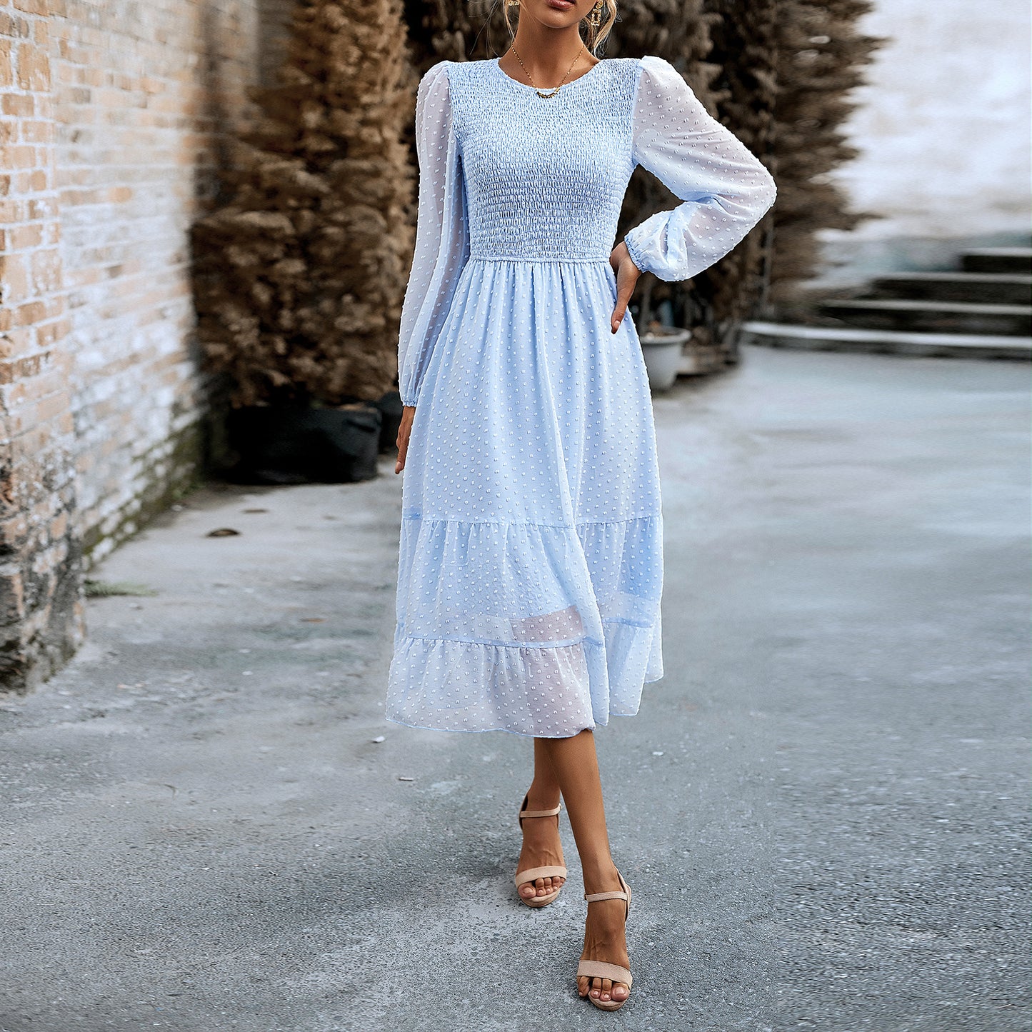 Elegant Solid Color Bubble Sleeve Jacquard Long Dress Wholesale Dresses