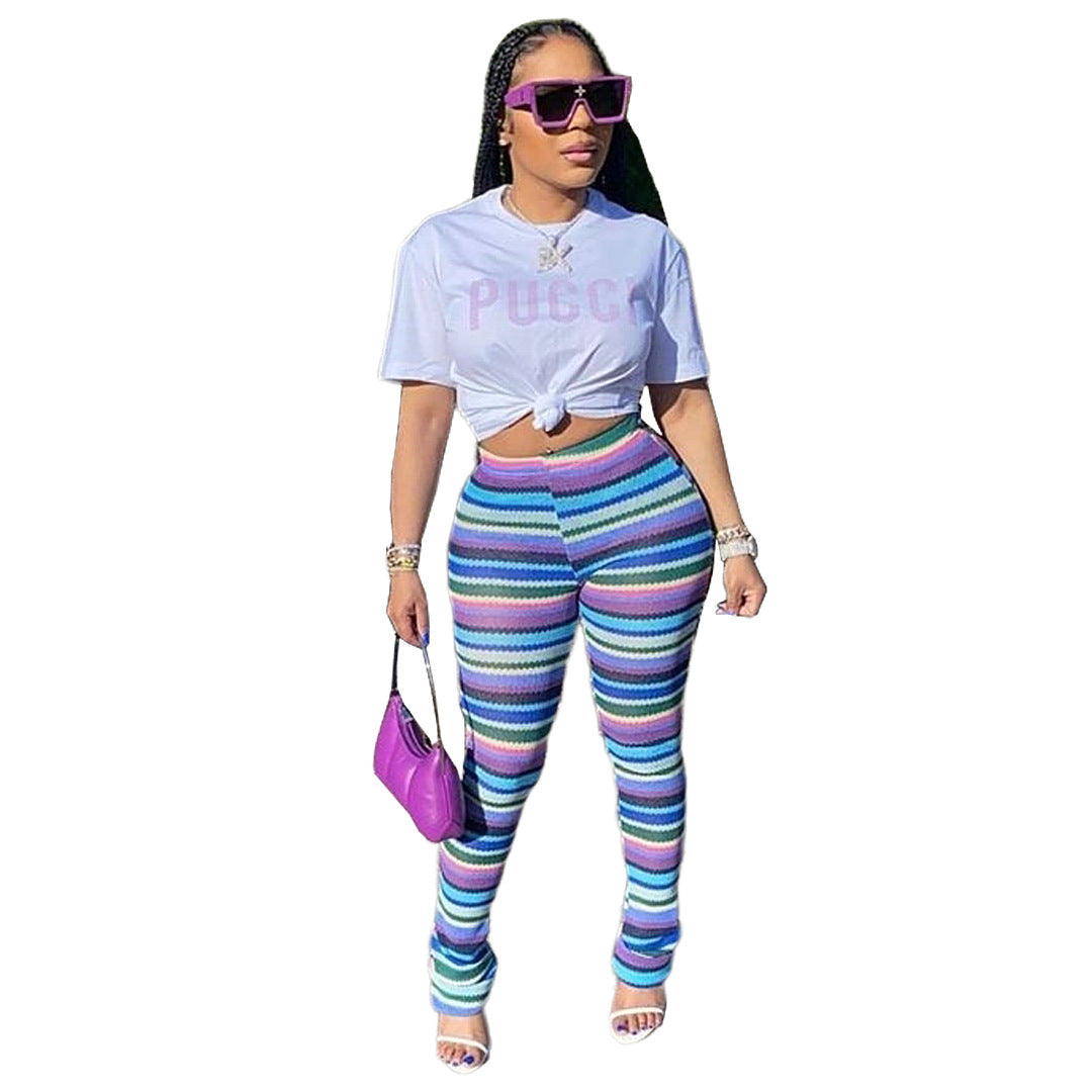 Fashion Color Striped Knitted Hollow Pile Pants Wholesale Womens Clothing