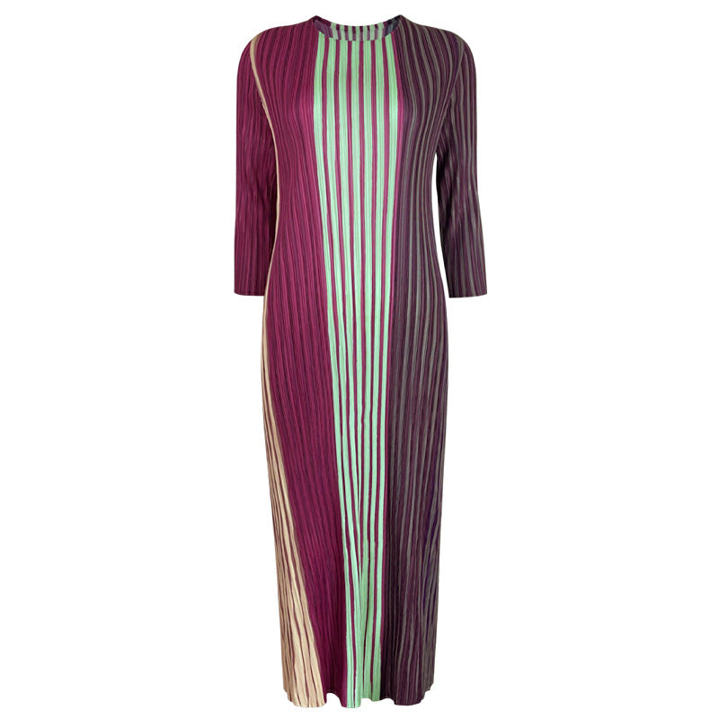 Casual Colour Block Vertical Stripe Printed Round Neck Pleated Dress Wholesale Dresses