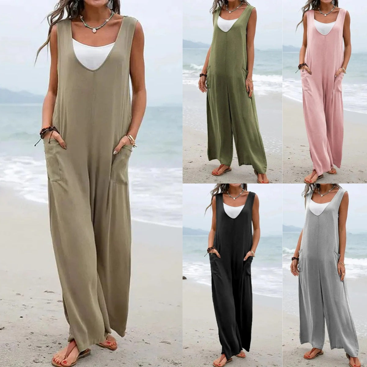 Solid Color Patch Pocket Fashion Jumpsuit V Neck Overalls Wholesale Womens Clothing N3824040700331