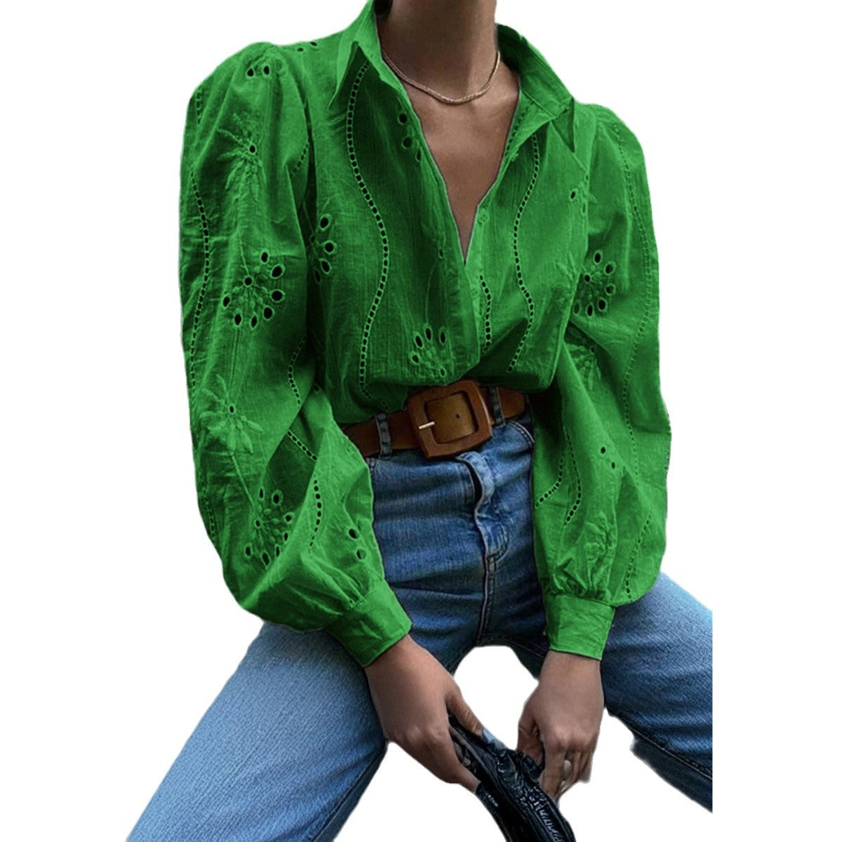 Loose Fashion Hollow Blouses Puff Sleeve Cardigan Tops Wholesale Womens Clothing N3824111300002